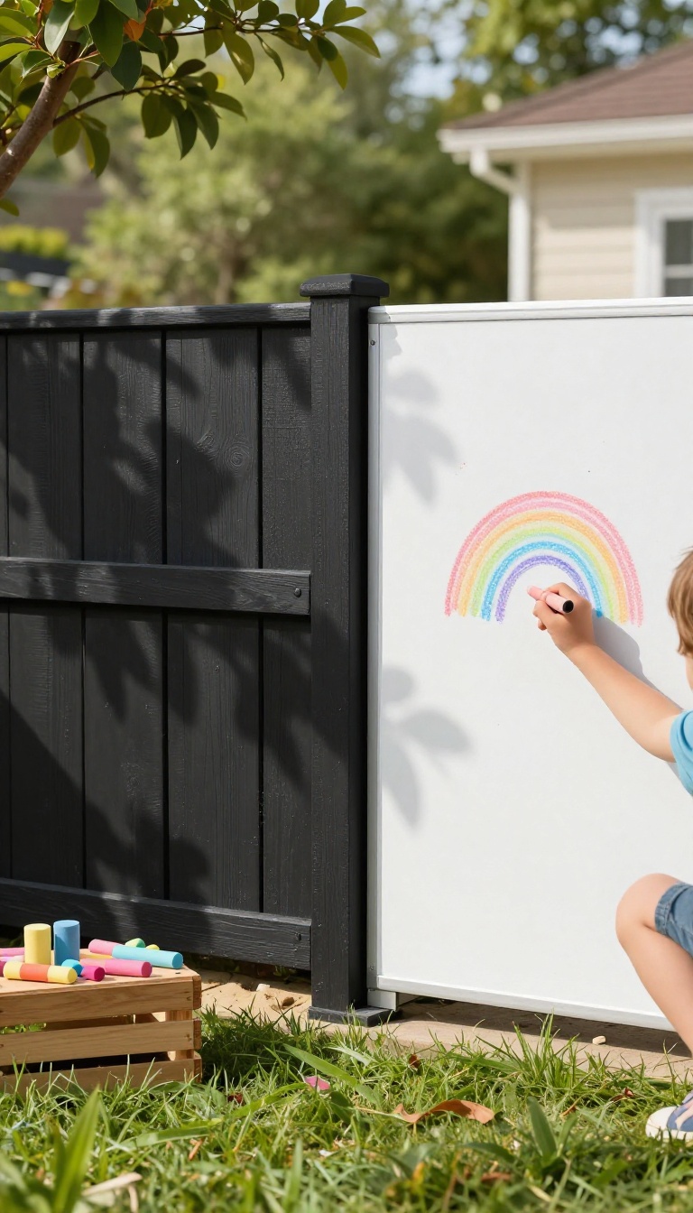 Backyard fence with a chalkboard paint section and whiteboard panel set up as an outdoor art wall for kids, with chalk and markers nearby