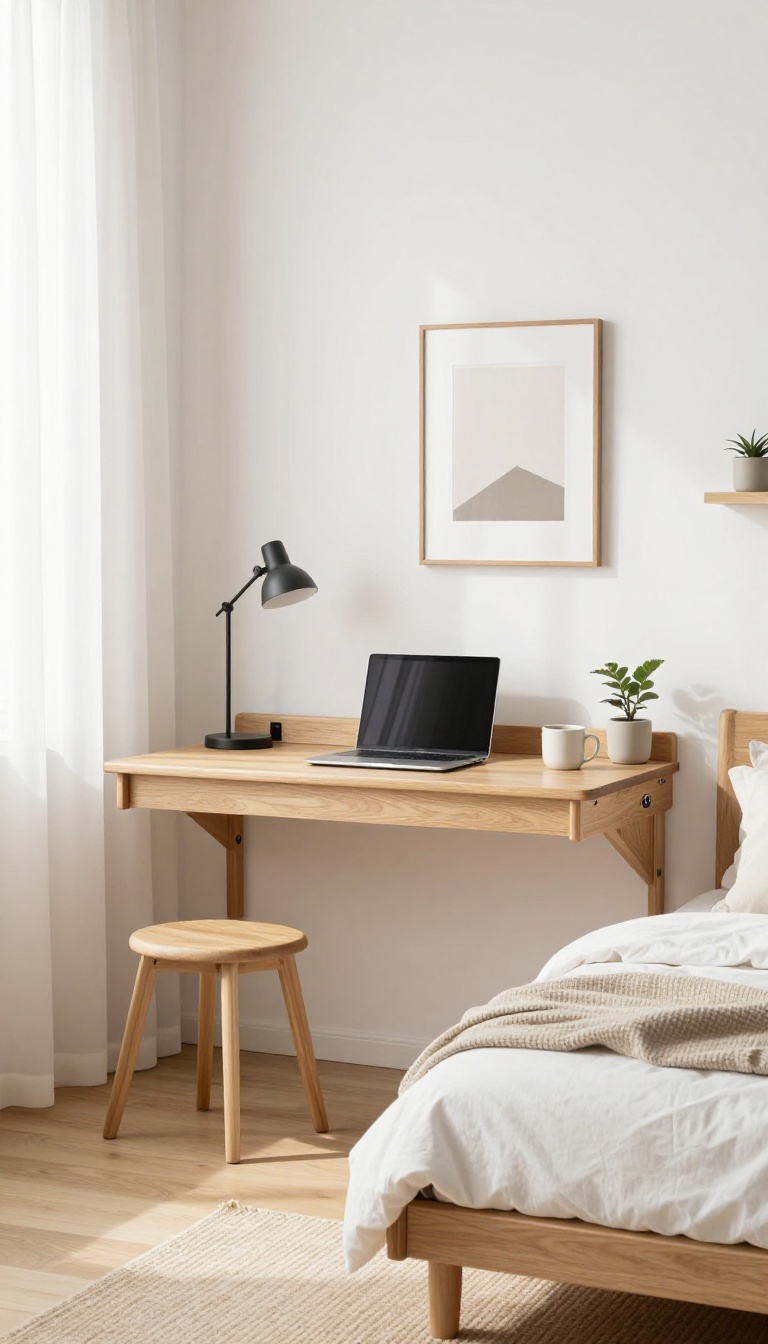 Small cozy bedroom with a wall-mounted fold-down desk folded out, holding a laptop and mug beside a bright window