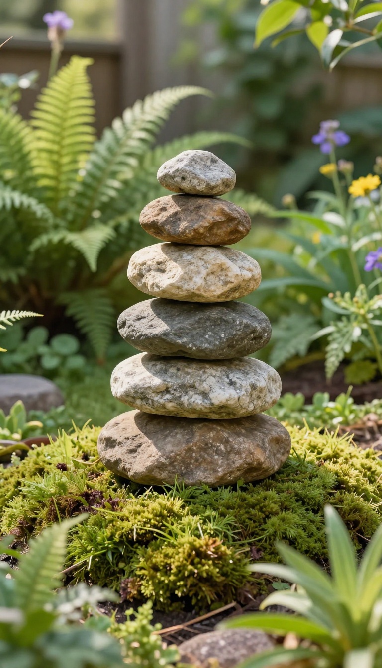 A small handmade stone cairn stacked from flat rocks in a peaceful backyard garden border