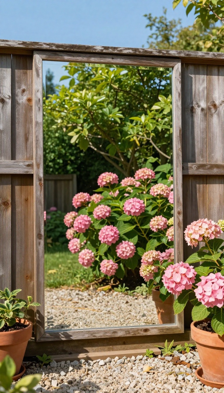 A large reflective mirror panel mounted on a backyard fence reflecting a blooming garden and blue sky, making the small yard look deeper