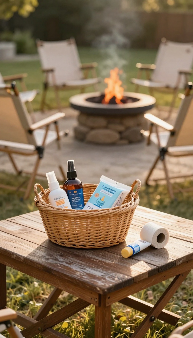 Woven basket filled with bug spray, sunscreen, and hand wipes on a wooden side table beside a backyard fire pit and camp chairs at golden hour
