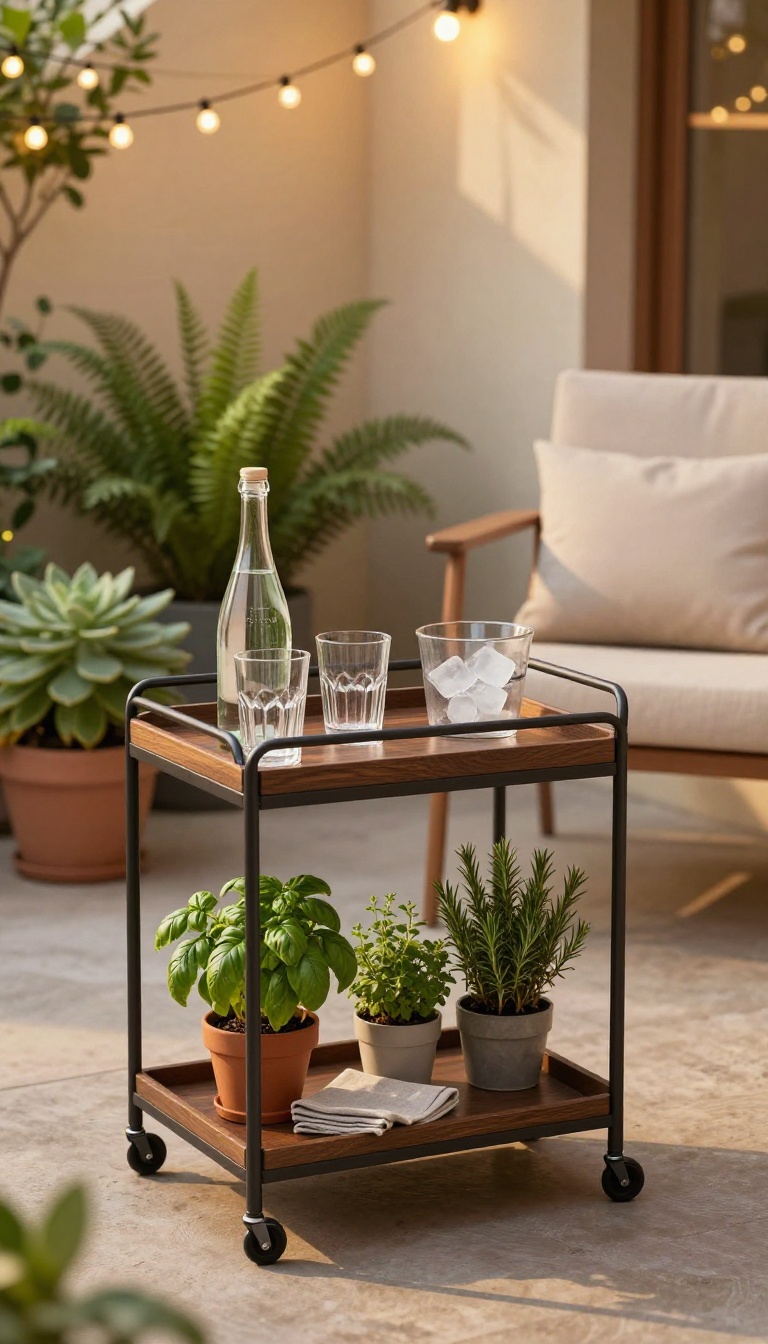 Small patio with a rolling bar cart stocked with drinks and plants, next to a cozy chair and string lights.
