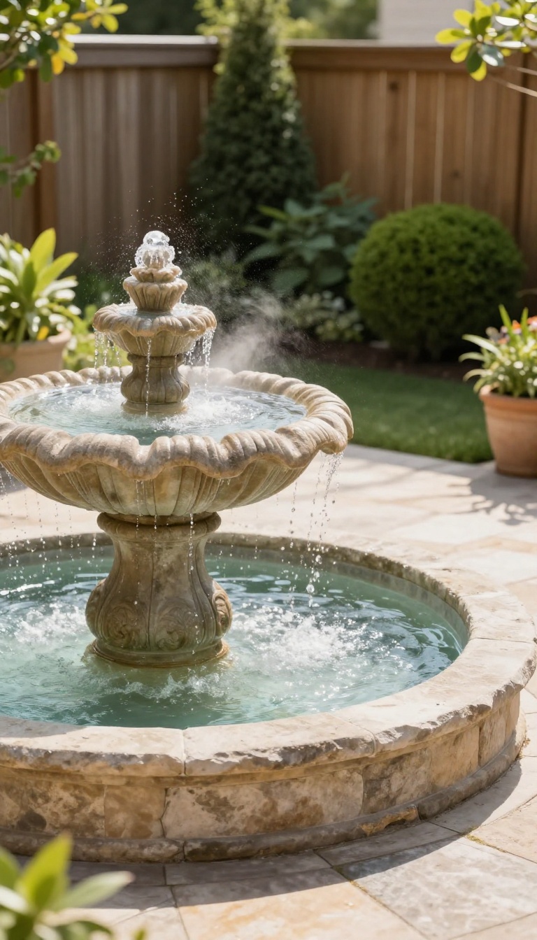 Tiered stone fountain with splashing water on a sunny backyard patio beside a privacy fence and green hedges
