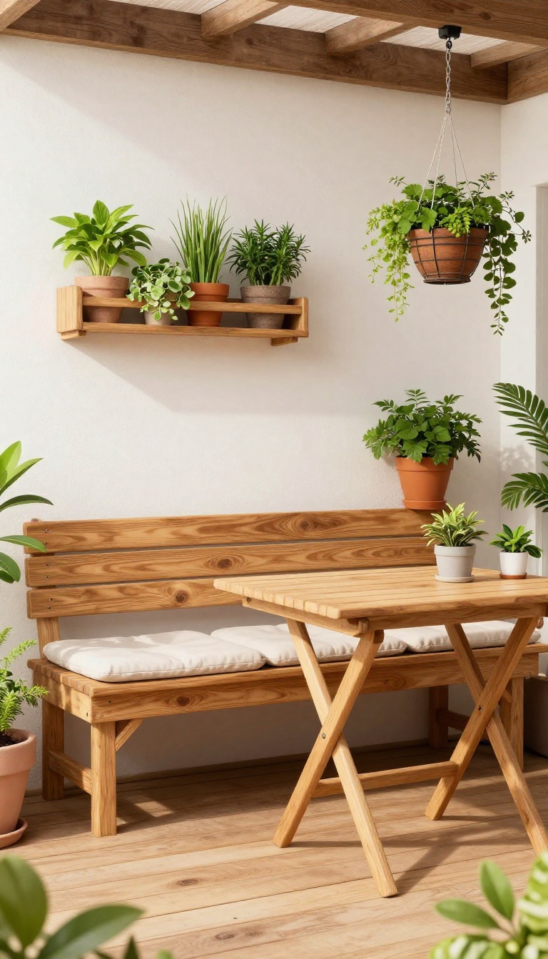 Compact patio with multi-functional furniture including a storage bench, foldable table, and ottoman, styled with plants and vertical storage.