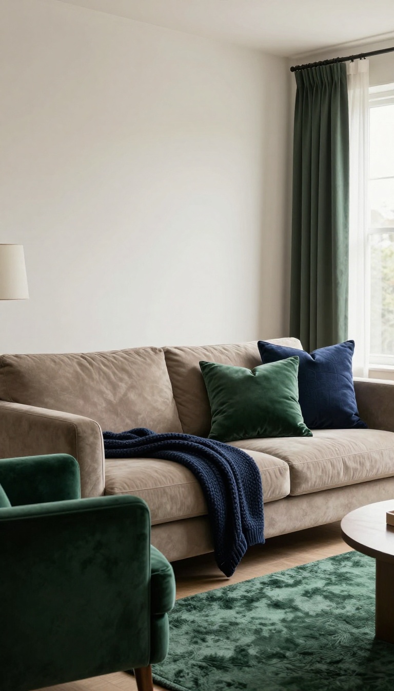Taupe sofa styled with deep green and navy pillows, a navy knit throw, a green accent chair, and a patterned rug for contrast.
