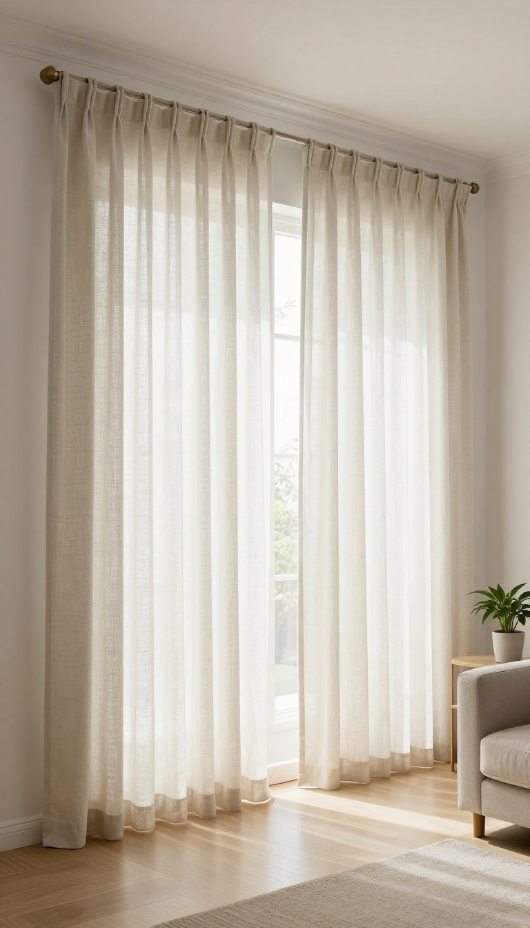 Bright small living room with floor-length curtains hung high and wide near the ceiling to make the window look bigger