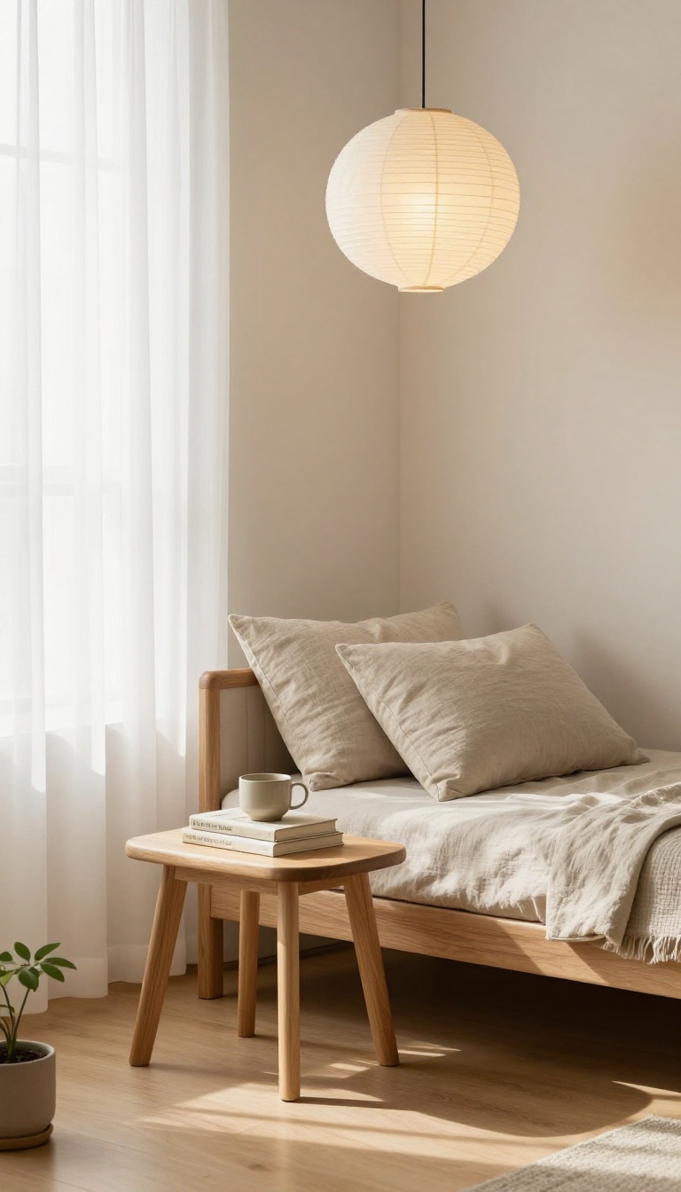 Small Korean bedroom corner with a light wood stool bedside table, oatmeal linen bedding, and a hanging paper lantern in soft daylight