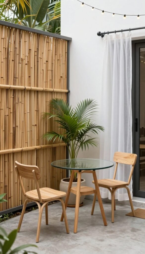 A small apartment patio with bamboo privacy screens and outdoor curtains, creating a secluded and cozy outdoor nook with a bistro table and plants.