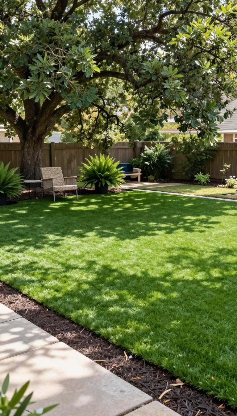 Shaded backyard corner under a large tree with clean low-maintenance artificial turf and natural stone edging