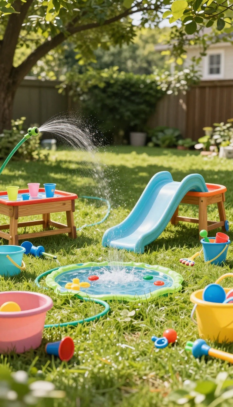 Backyard water play station with sprinkler, kiddie pool, splash slide, and water table on a sunny lawn