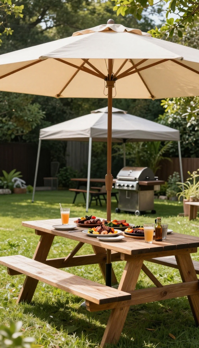 Backyard BBQ setup with a patio umbrella and pop-up canopy providing shade over a picnic table and grill