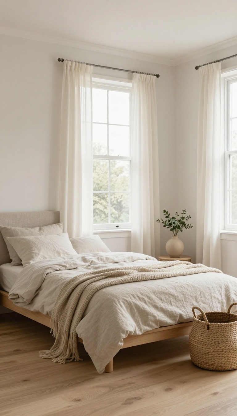 Small bedroom with a light, consistent color palette of warm white walls, oatmeal bedding, and ivory curtains for an open, flowing feel