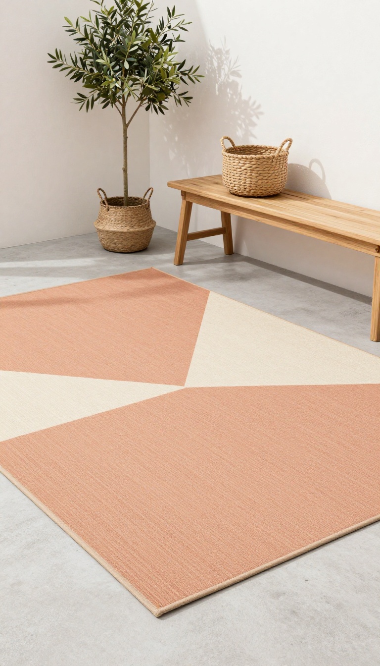 A patio with a painted concrete floor that mimics a rug, featuring a geometric pattern in terracotta and cream, surrounded by simple outdoor furniture and greenery.