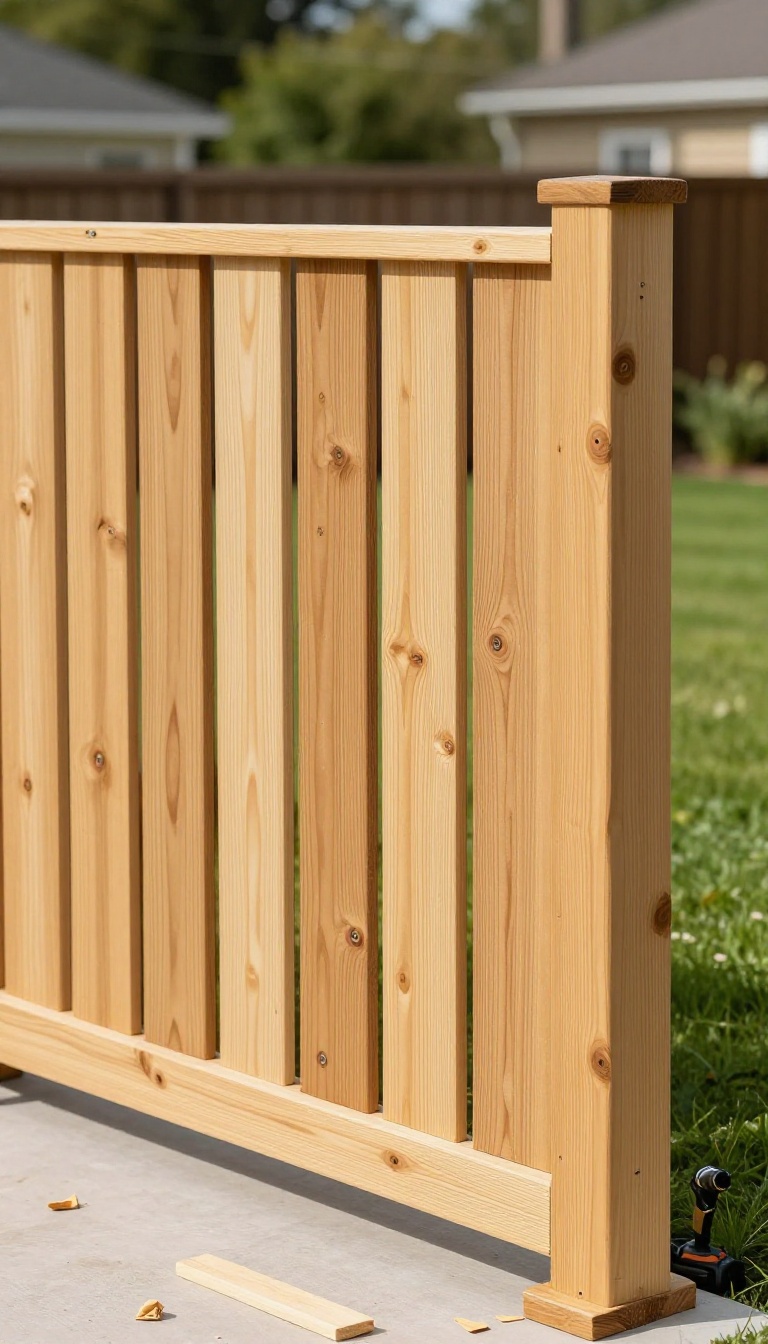 DIY privacy screen made of evenly spaced cedar wood slats installed in a sunny backyard