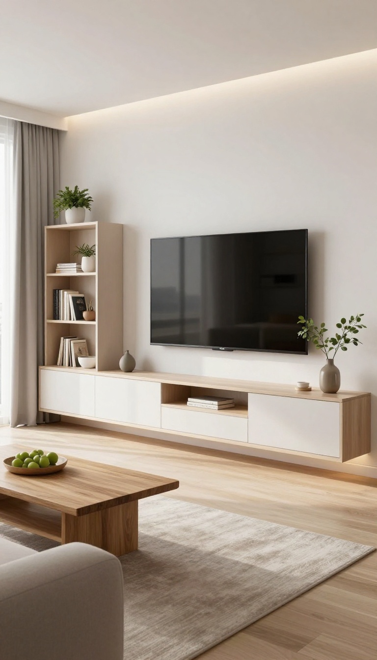Modern living room with a wall-mounted media wall featuring open shelves and closed cabinets around a TV, in bright natural light.