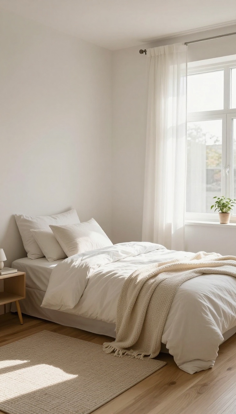 Small bright bedroom with a bed placed in the corner, leaving an open walking path across the floor