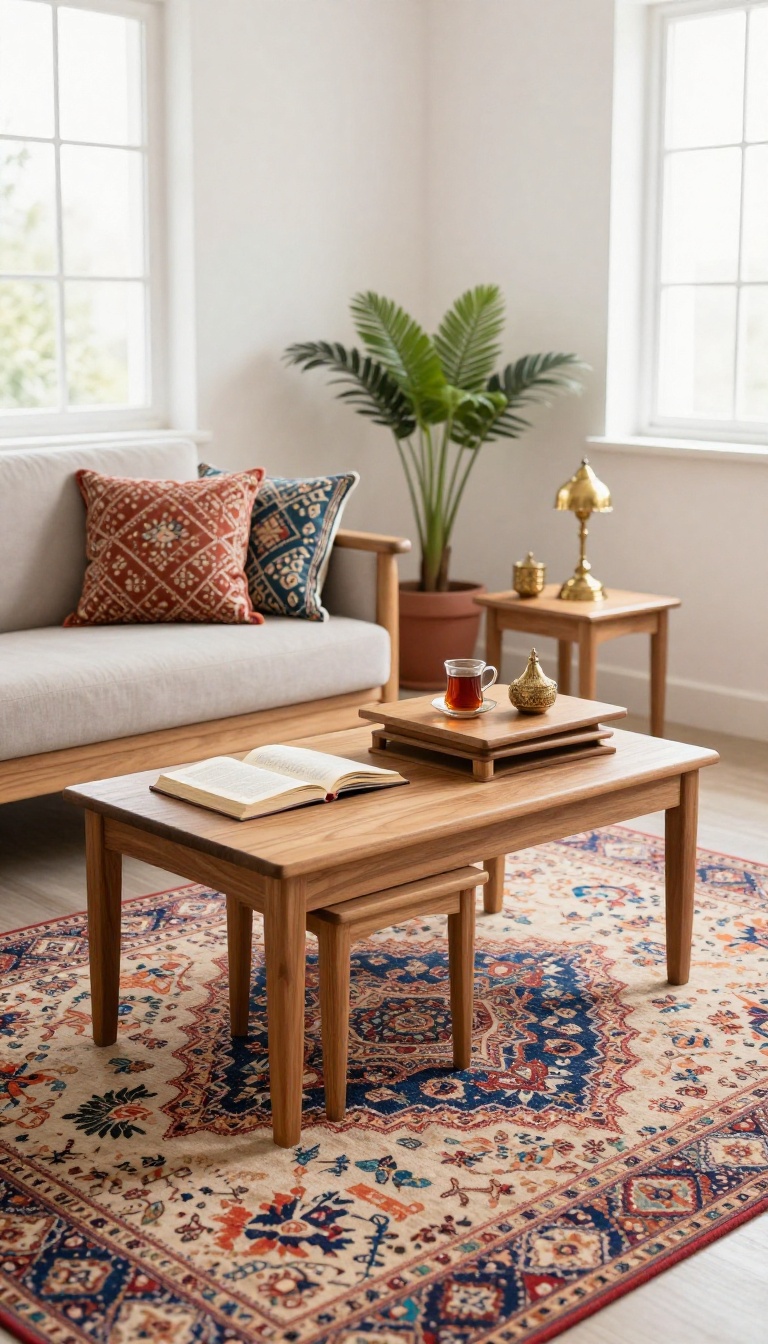 Small Indian living room with a nesting coffee table set, one table in use and others stacked, warm natural light, traditional decor