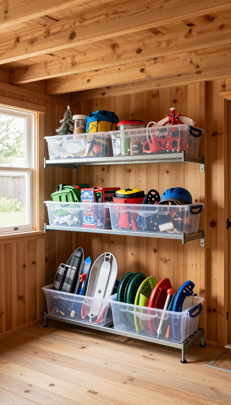 Overhead ceiling racks holding clear storage totes in a bright backyard shed, freeing up floor space below