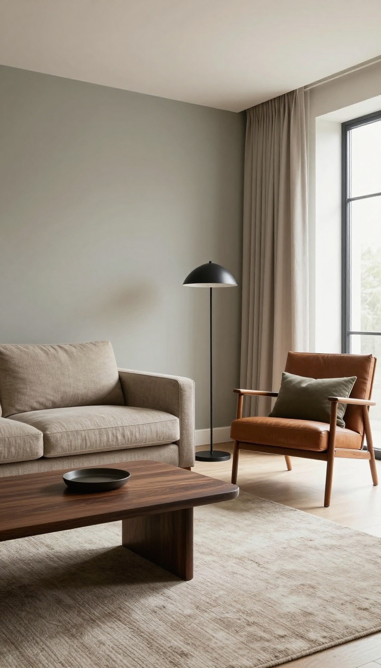 Neutral masculine living room with greige walls, taupe sofa, leather chair, and layered warm textures in natural light