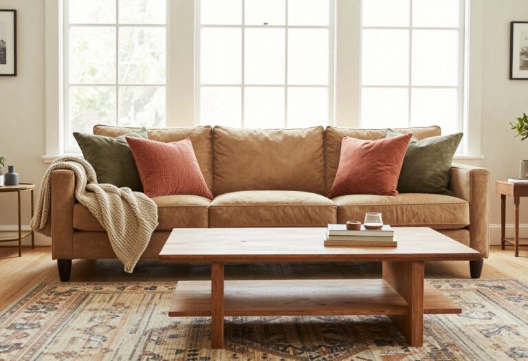 Living room with a tan couch styled with earthy pillows and a knit blanket, warm natural light