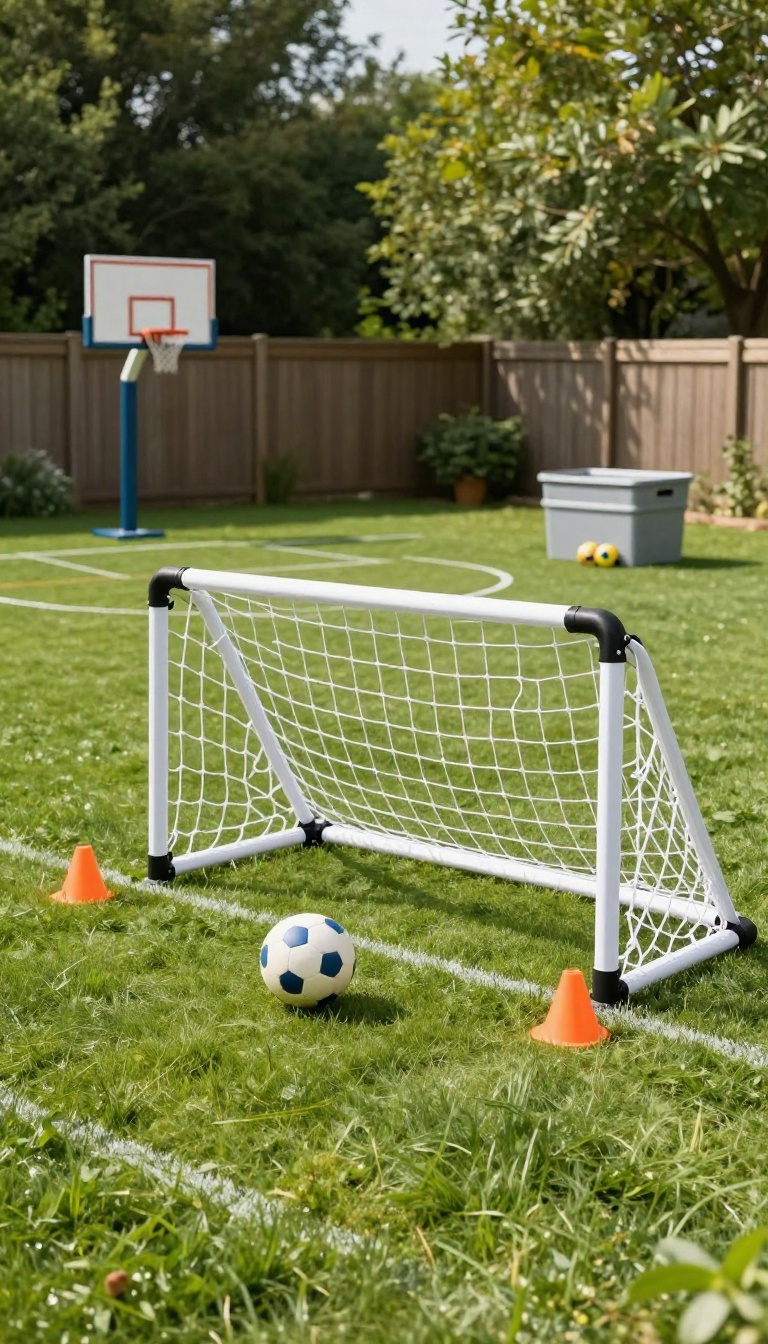Backyard ball game zone with a small soccer goal, cones, and a portable basketball hoop on green grass in bright sunlight