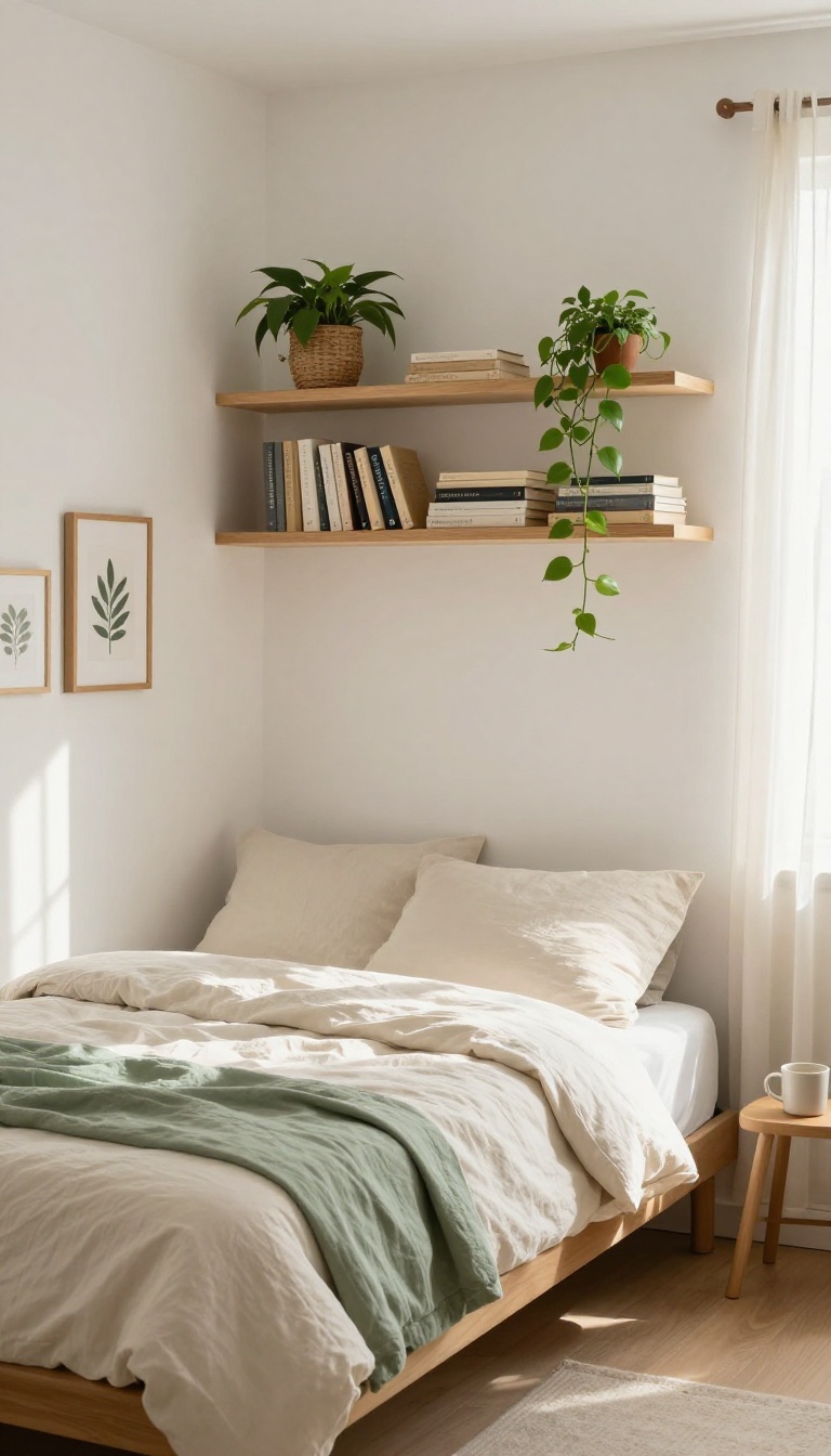 Small cozy bedroom with floating wood shelves above the bed holding books, plants, and framed prints in bright natural light