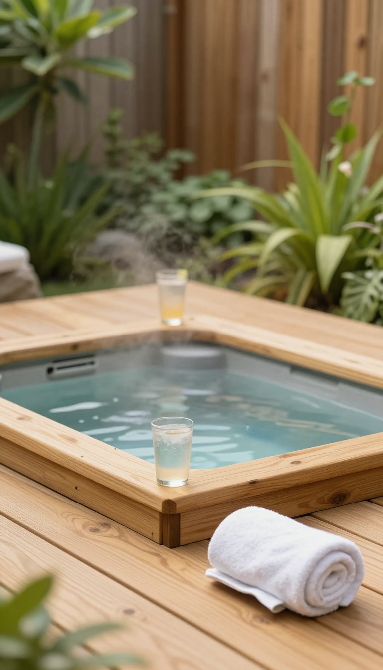 Sunken hot tub with a warm wooden surround set into a small backyard deck, steam rising from the water in bright daylight