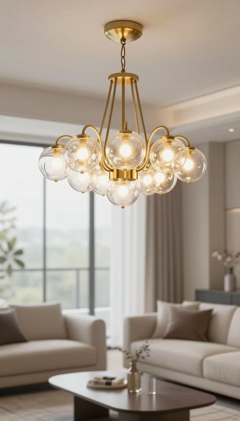 Glam living room chandelier with gold frame and sculptural glass shades glowing in a bright, elegant interior