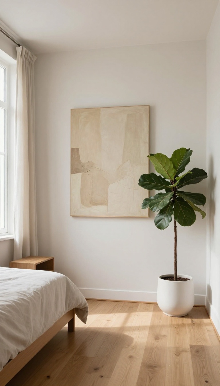 Small refined bedroom corner with a tall fiddle leaf fig in a simple pot and one large bold abstract canvas above a neatly made bed in bright natural light