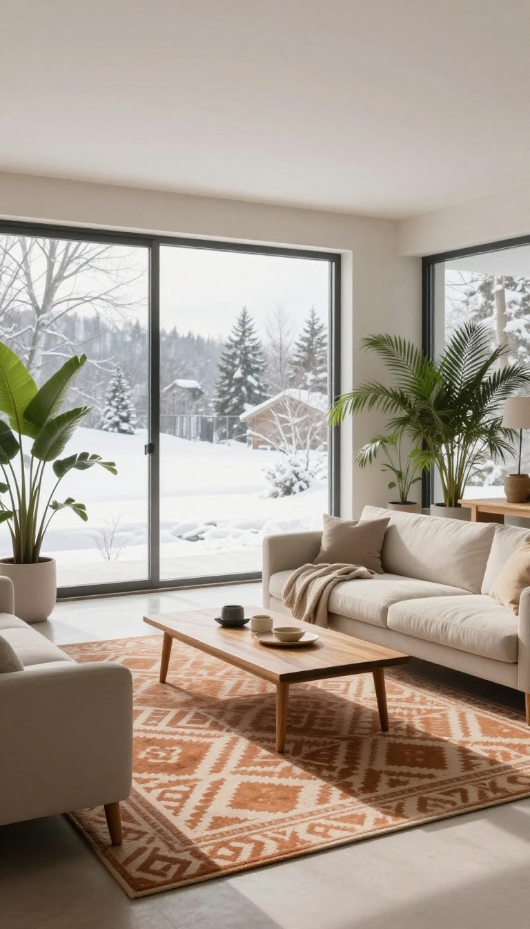 Enclosed patio with a patterned outdoor area rug defining a cozy seating area, surrounded by windows and plants.