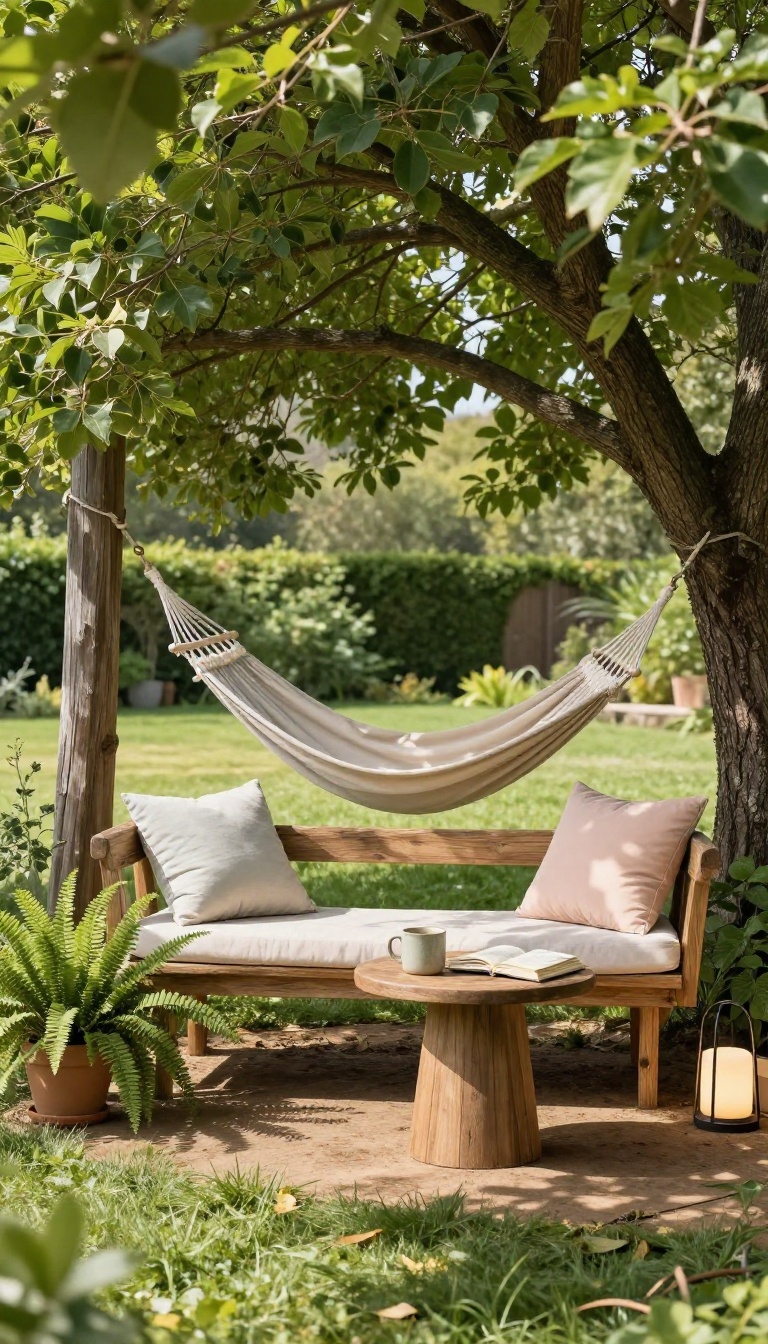 Shaded backyard reading nook with a cushioned bench under a leafy tree, a hammock, and a small side table with a book and mug