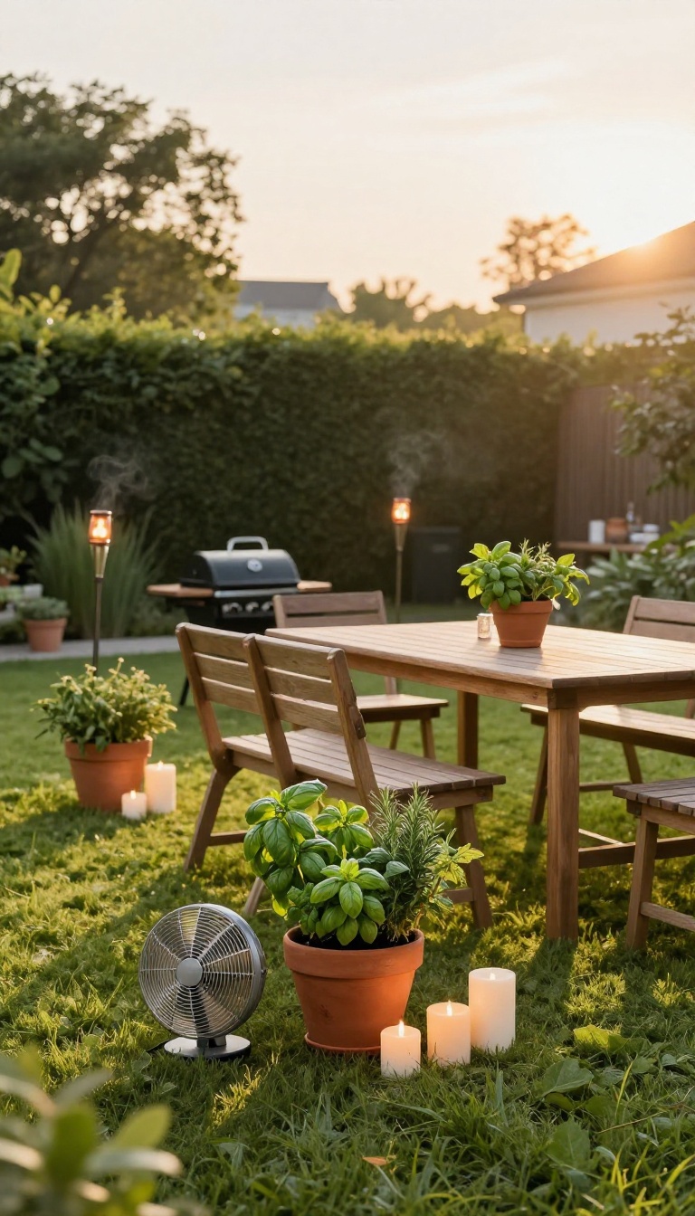 Backyard patio set for a cookout with citronella torches, a small fan, and potted basil, mint, rosemary, and lemongrass keeping bugs away naturally