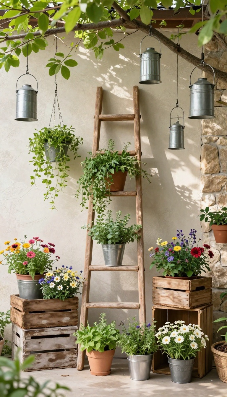 Repurposed wooden ladder and crates used as plant stands on a patio, with tin can lanterns hanging above