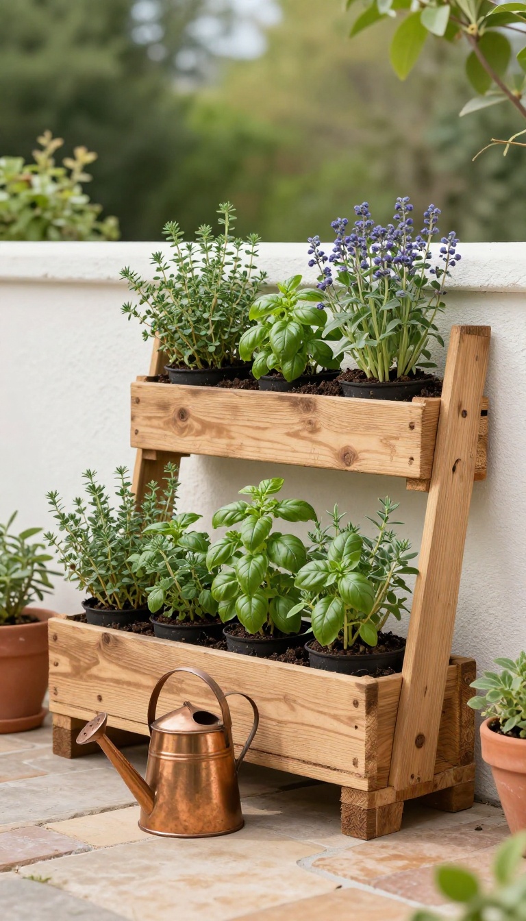 DIY vertical herb garden made from a wooden pallet leaning against a sunny backyard wall, planted with thyme, oregano, basil, and chives