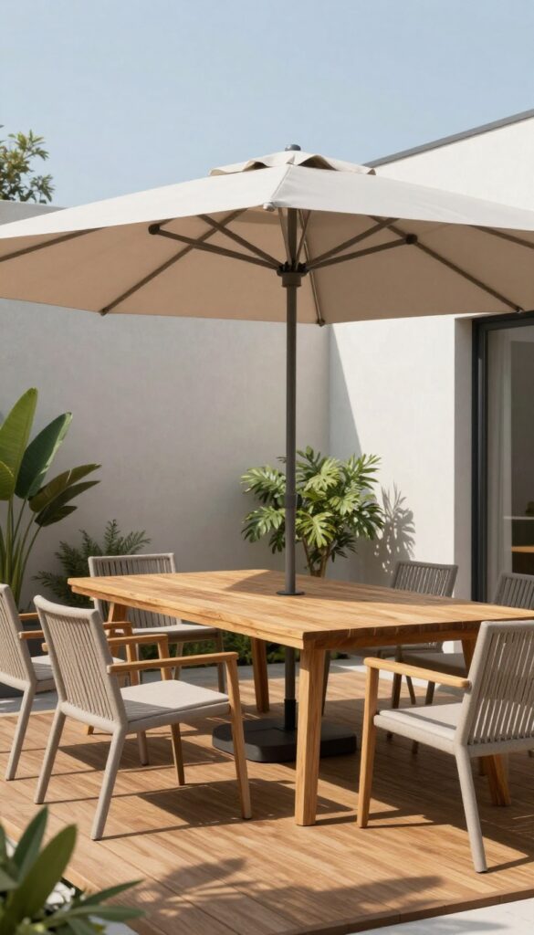 Square patio umbrella shading a rectangular dining table on a modern deck