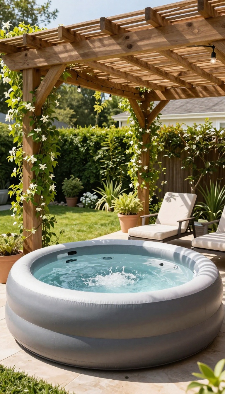 Inflatable hot tub shaded by a wooden pergola with climbing vines and string lights in a sunny backyard