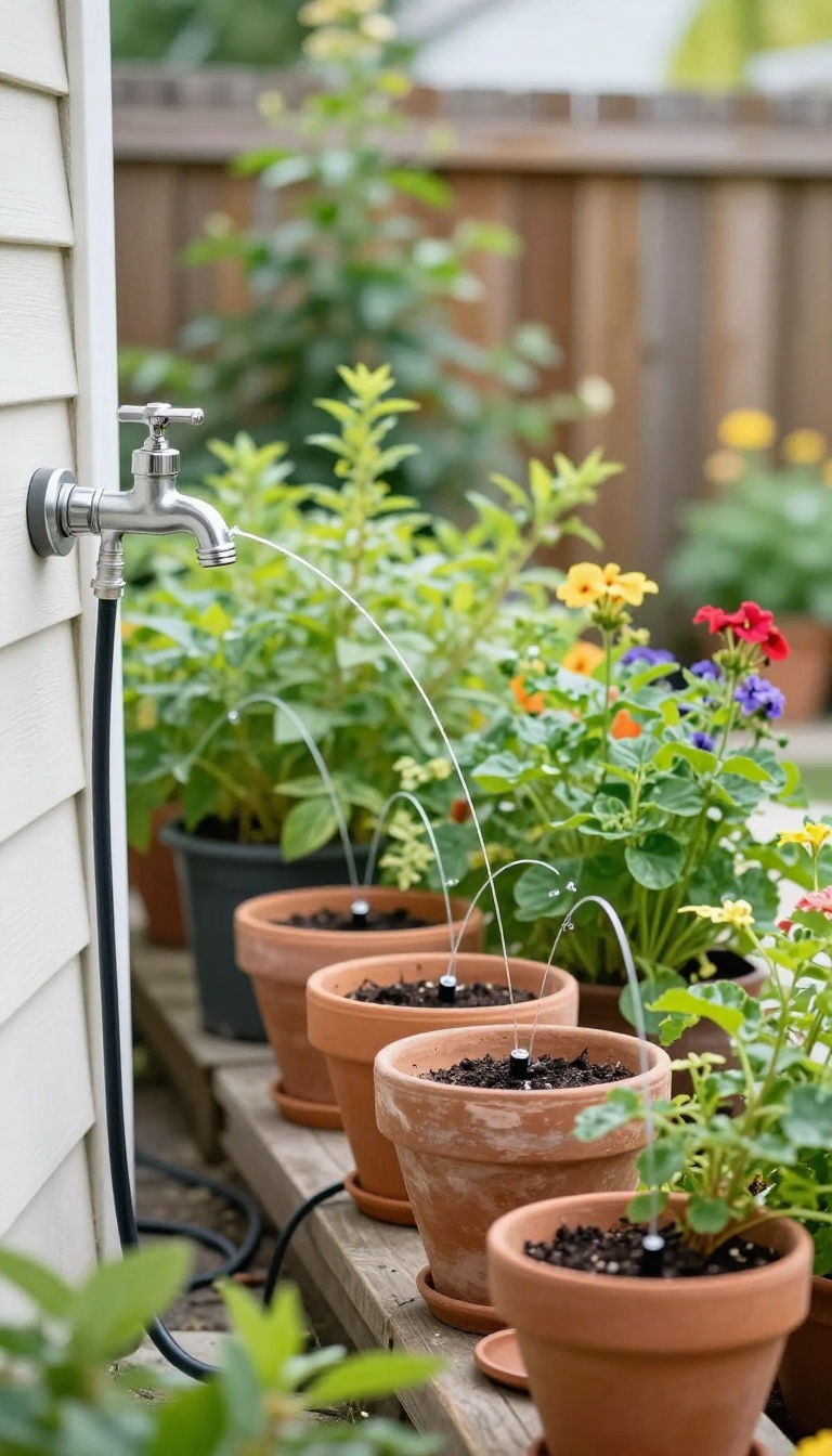 Drip irrigation timer connected to an outdoor faucet with tubing running to a row of potted plants in a sunny backyard