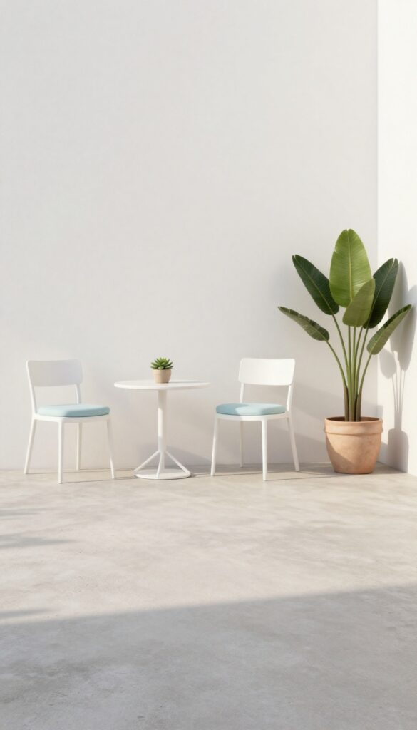 A minimalist small patio with a bistro table and two chairs, a potted plant, and open floor space, bathed in natural sunlight, exemplifying a simple and uncluttered layout.