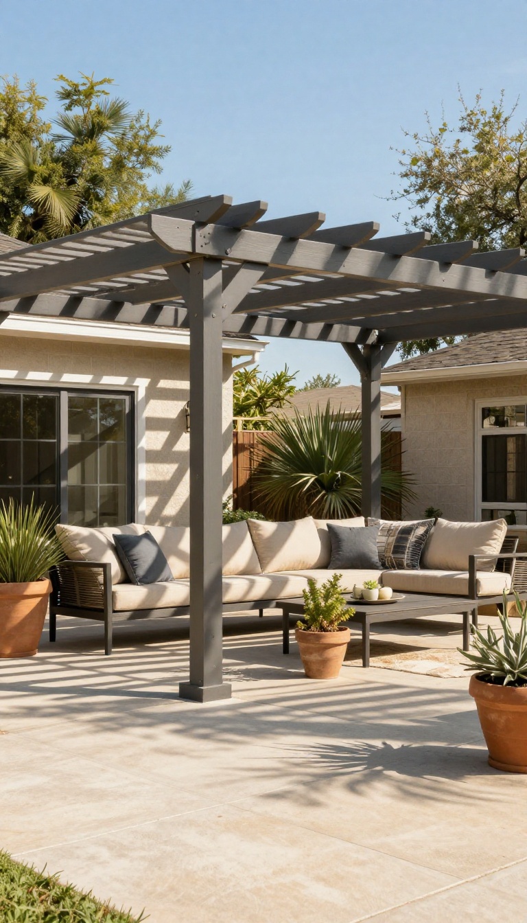 Modern louvered pergola with adjustable roof blades shading a bright Texas backyard patio