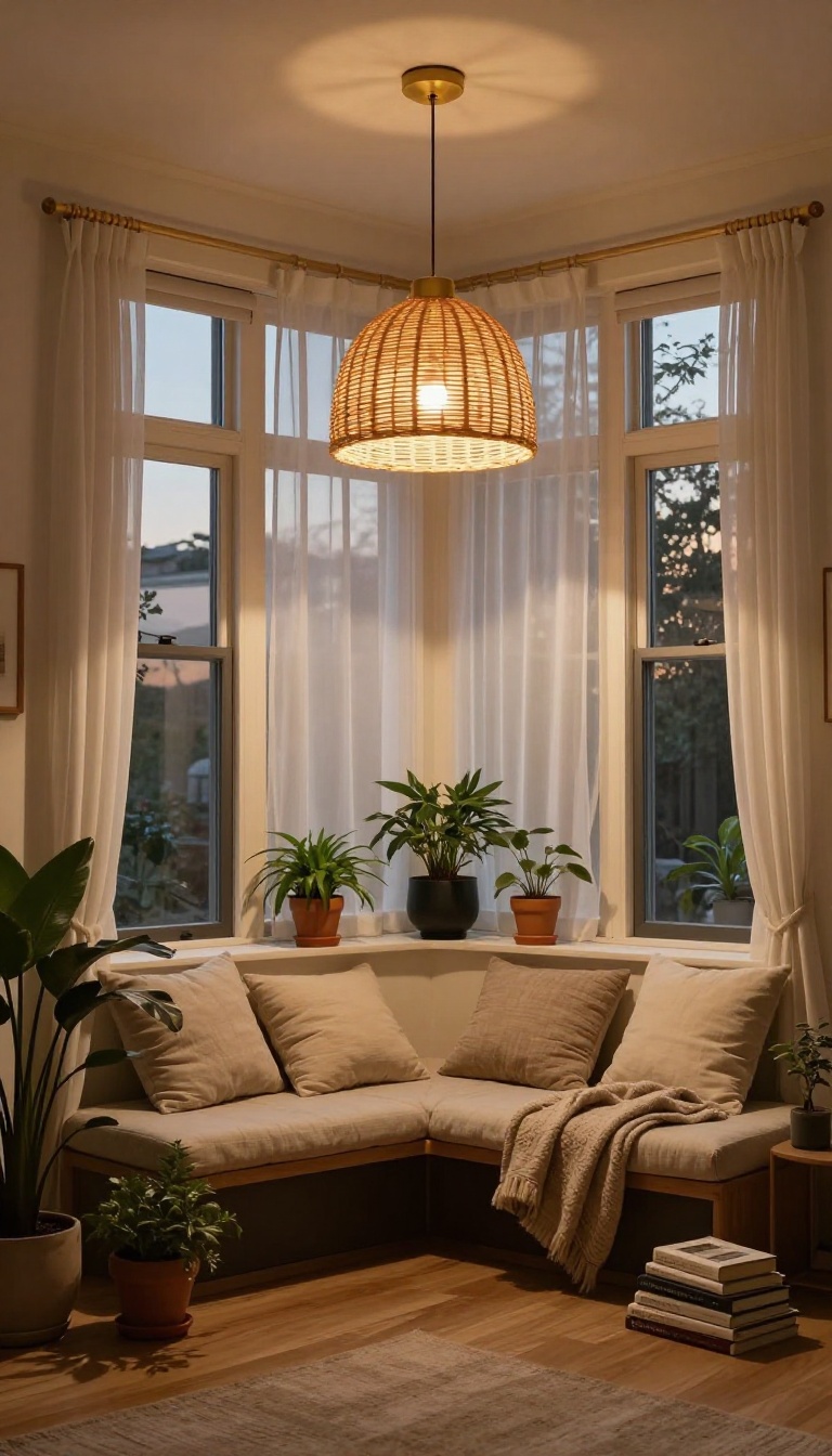 Cozy living room bay window with a rattan and brass pendant light glowing above a cushioned window seat at dusk