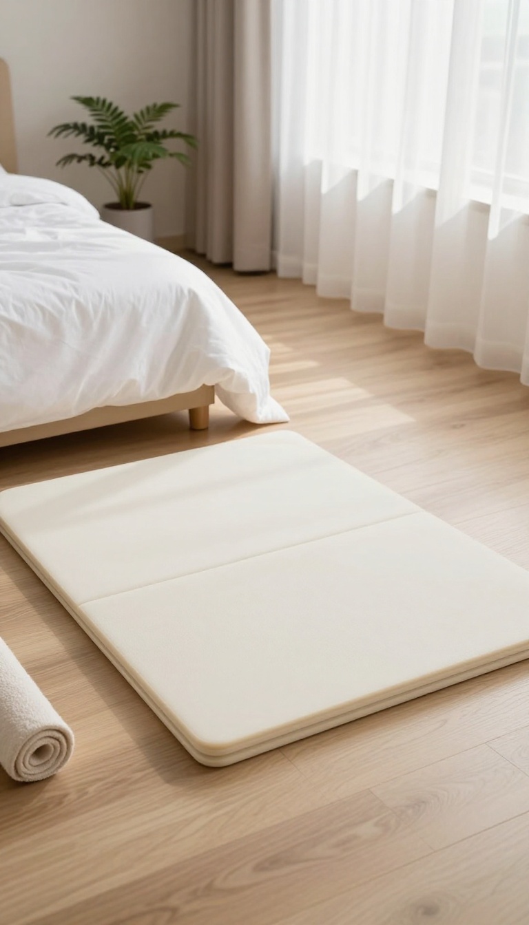 A thick foldable workout mat folded into a compact square on a bedroom floor beside a bed in a bright small-space home gym corner