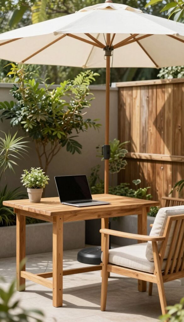 A cozy outdoor workspace in a corner patio with a desk, chair, laptop, plant, and umbrella, shaded and inviting.