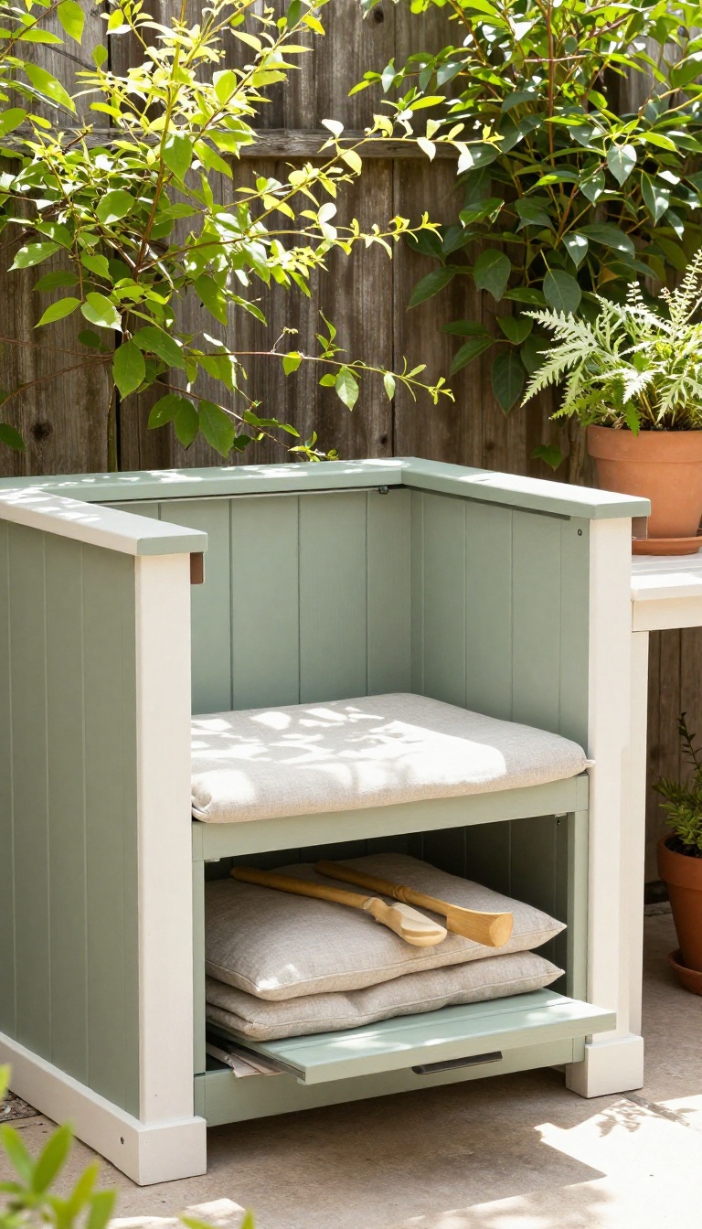 Built-in wooden bench with hidden storage along a fence in a small sunny backyard patio