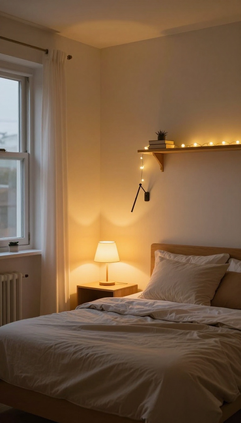 Cozy small bedroom with layered warm lighting including a dimmed ceiling fixture, wall sconce, table lamp, fairy lights, and a warm task lamp