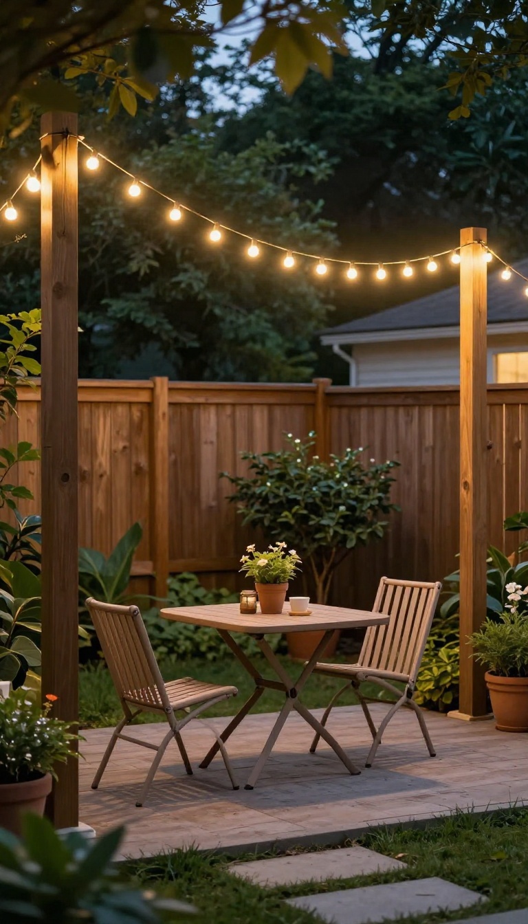 Small backyard patio at dusk with warm white string lights zigzagging overhead above a cozy seating area