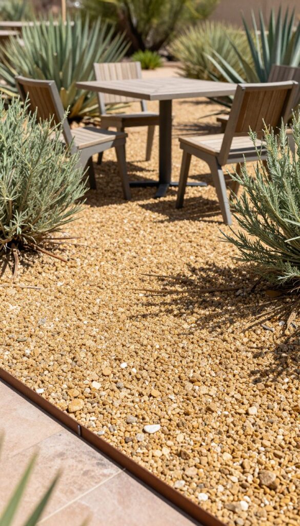 A rustic patio with loose decomposed granite flooring in a desert garden setting, featuring a seating area and native plants.