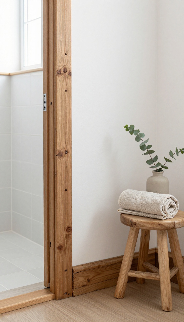Rustic bathroom with weathered reclaimed wood baseboards and door trim in bright natural light