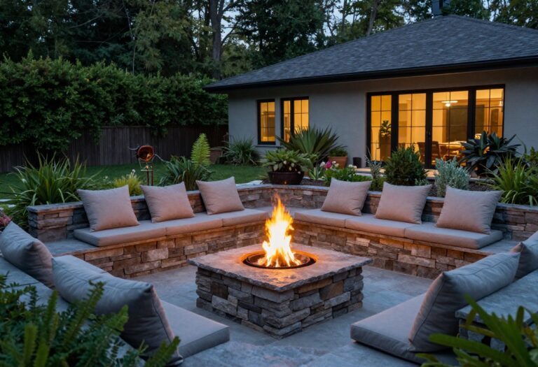 Sunken stone fire pit with built-in seating in a backyard at dusk.