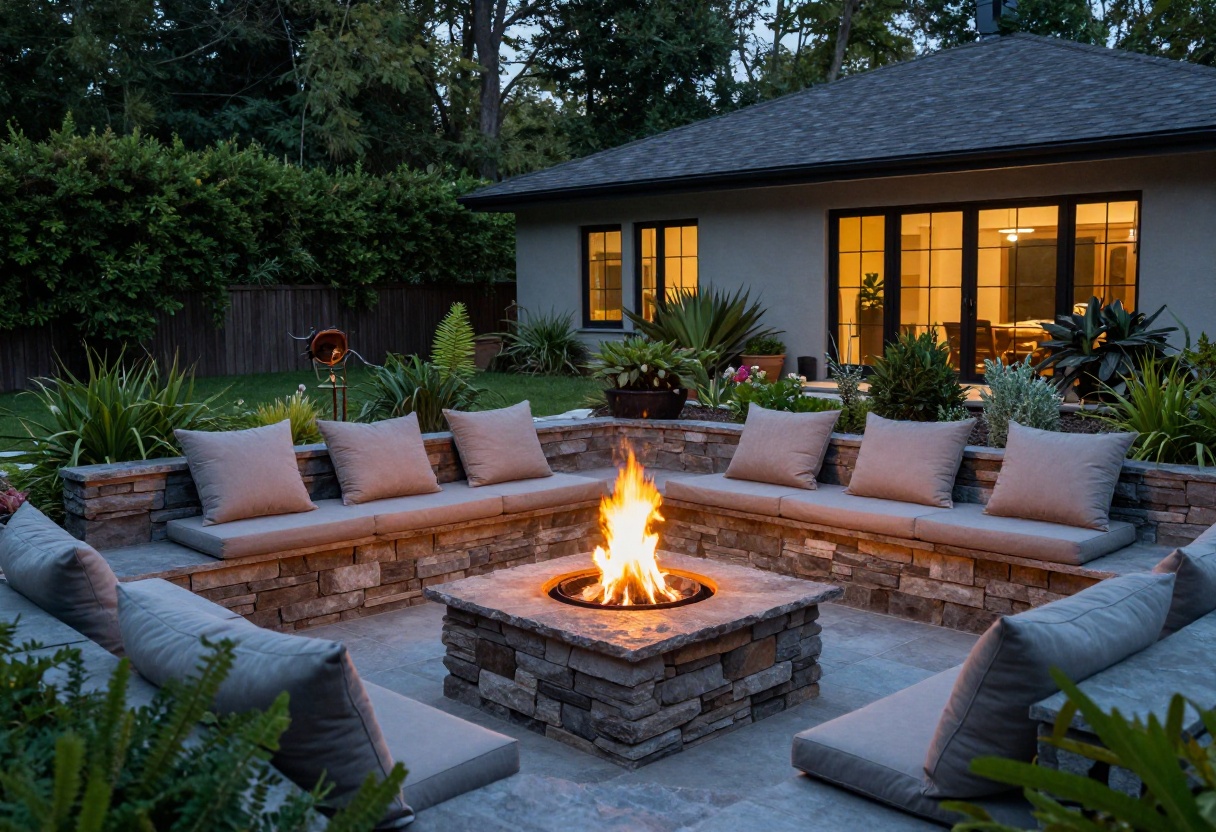 Sunken stone fire pit with built-in seating in a backyard at dusk.