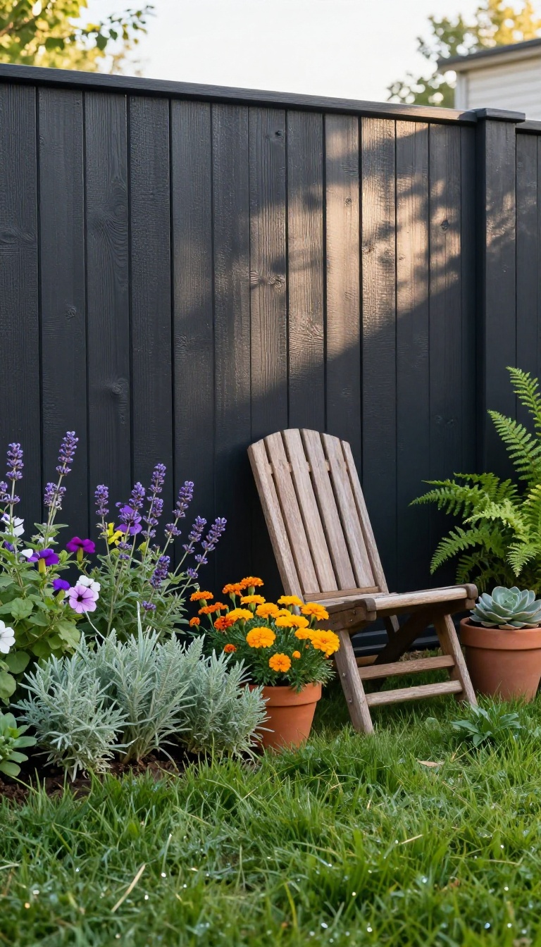 Freshly painted charcoal backyard fence with green plants and bright natural light, budget-friendly landscaping inspiration